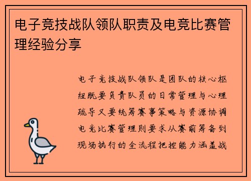 电子竞技战队领队职责及电竞比赛管理经验分享